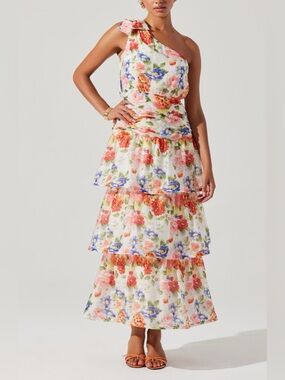ASTR The Label Natali Floral Print One-Shoulder Tiered Maxi Dress